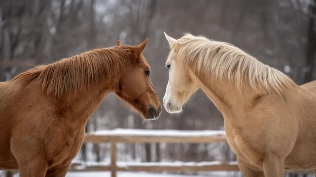 Chestnut and palomino horse touching noses snowy paddock conveying calm connection and gentle interaction equine portrait winter animal friendship