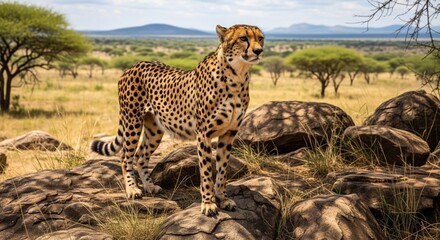 Obraz premium A majestic cheetah stands proudly on a rocky outcrop, surveying its surroundings in the African savanna.