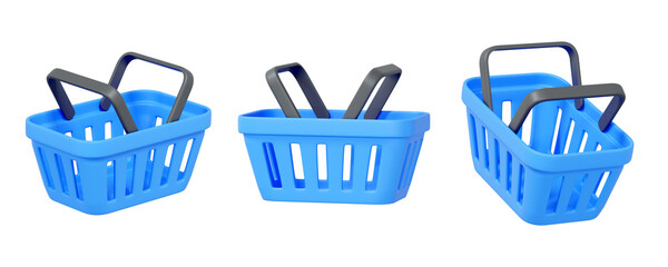 3D render of three blue plastic shopping baskets with handles isolated on white background