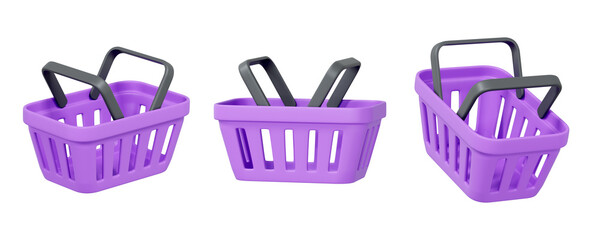 3D render of three purple shopping baskets with gray handles isolated on white background