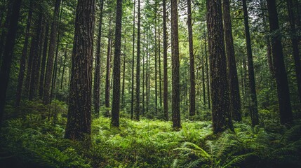 Fototapeta premium A dense, green forest in the Tasmanian wilderness with towering trees and thick ferns.