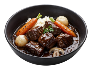 Classic French Boeuf Bourguignon stew, transparent background, PNG