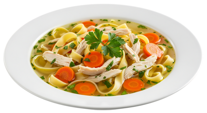 Hearty Chicken Noodle Soup with Shredded Chicken and Carrot Slices isolated on a transparent background