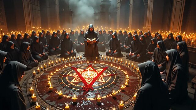 Hooded figure stands in glowing ritual circle surrounded by chanting crowd in dim hall with fiery accents. Ominous occult atmosphere