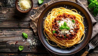 A close-up overhead view of a plate of spaghetti Bolognese topped with fresh basil and grated Parmesan cheese, presented on a textured wooden surface.