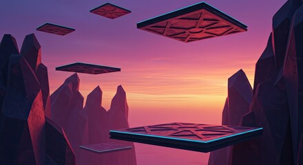 Floating platforms landscape with dramatic sky during sunset or sunrise