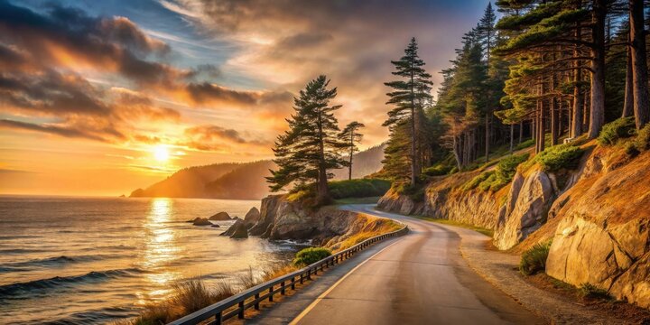 Scenic coastal highway winding through a vibrant sunset, tall pines flanking the road, ocean waves lapping the shore