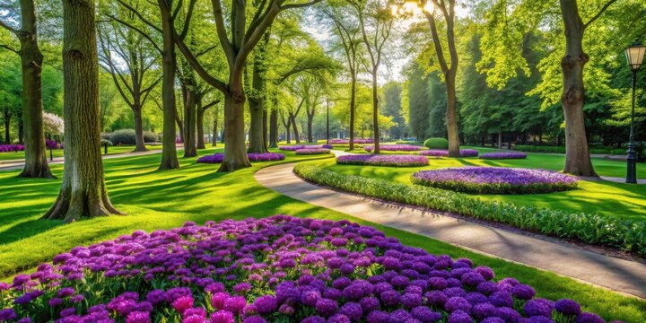 Serene Garden Pathway with Vibrant Purple Blooms and Lush Green Grass Under Sunlight - Powered by Adobe