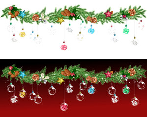 モミの枝とクリスマスオーナメントの飾りライン