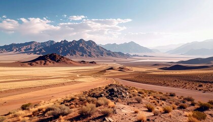 A vast, arid desert landscape stretches towards distant mountains, with a dusty road cutting through the dry terrain and sparse vegetation.