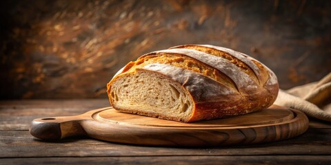 Artisan sourdough loaf partially sliced, presented on rustic wooden board