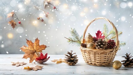 Winter Holiday Basket with Natural Accents and Festive Decorations on a Snowy Background