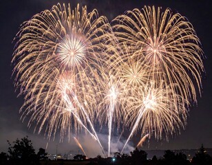 Golden Fireworks Exploding Against Dark Night Sky over Distant Trees and Buildings Illuminating the Landscape with Bright Bursts