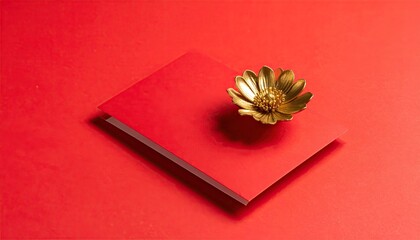 Golden Flower Adornment on Red Envelope in Bright Lighting, Minimalist Studio Shot, Festive Theme with Single Object Against Red Background