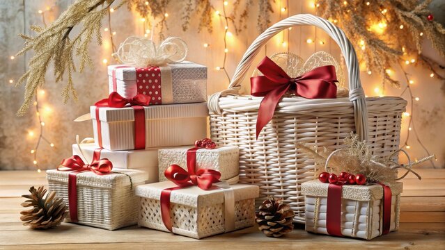 A festive arrangement of elegantly wrapped presents, nestled amongst a wicker basket and adorned with pine cones, under a soft glow of holiday lights.