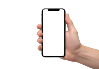 Human hand holding a modern smartphone with a blank white screen isolated on a transparent background 1