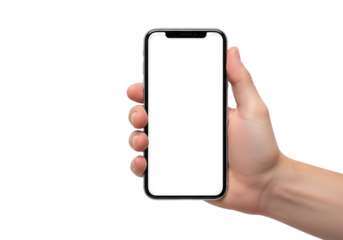 Human hand holding a modern smartphone with a blank white screen isolated on a transparent background 1