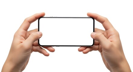 Hands Holding Smartphone with Blank White Screen in Horizontal Orientation, Mobile phone, Handheld, Gripping