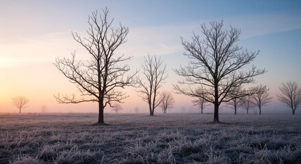 A serene landscape featuring bare trees in a field covered with frost under a soft, colorful sky.
