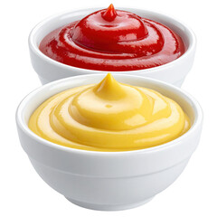 Set of three classic sauces ketchup, mayonnaise, and mustard in bowls. Isolated on transparent background