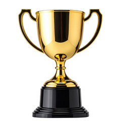 Shiny gold trophy cup on a black base, a symbol of victory and success. Isolated on transparent background.
