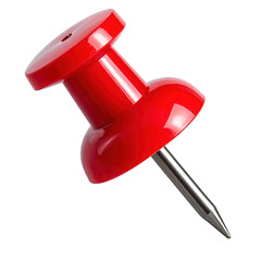 Shiny red plastic push pin or thumbtack, an office supply for a bulletin board. Isolated on transparent background