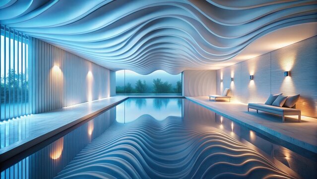 Serene Indoor Pool with Wave-Shaped Ceiling and Ambient Lighting, Offering a Tranquil and Luxurious Swimming Experience