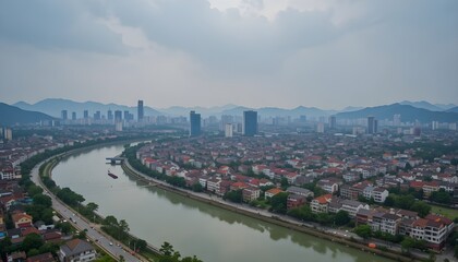 Obraz premium Aerial view of a vibrant city skyline with buildings, streets, and a wide panoramic landscape