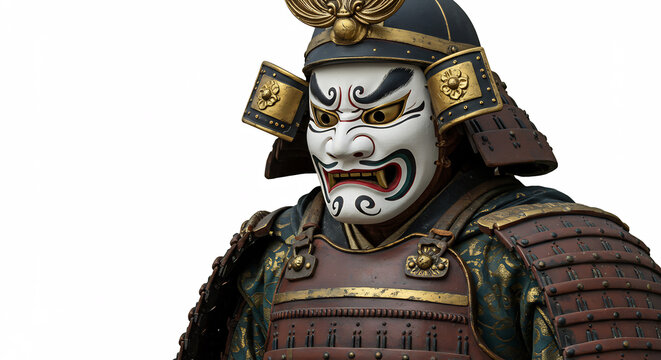Impressive samurai warrior in ornate armor and dramatic traditional Japanese mask showcasing ancient culture. AI Generated
