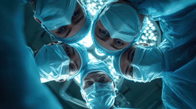 Surgeons in Surgical Masks and Gowns Performing Operation in Modern Operating Room
