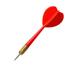 Single red dart with brass barrel and sharp steel tip for playing darts game. Isolated on transparent background