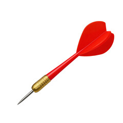 Single red dart with brass barrel and sharp steel tip for playing darts game. Isolated on transparent background