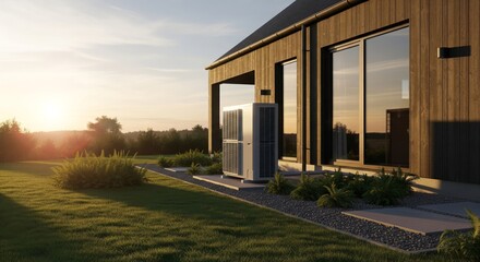 Modern home exterior with a heat pump system installed in the backyard during sunset.