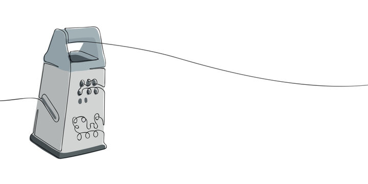 One line drawing of a grater isolated on white background. Minimal continuous line illustration of kitchen utensil for cooking, food preparation, and culinary design