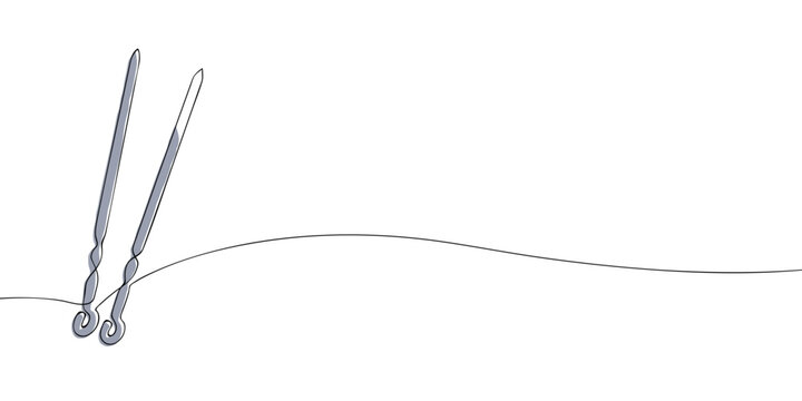 Minimal one-line illustration of two metal skewers with pointed tips and curled ends, set against a clean white background with ample copy space