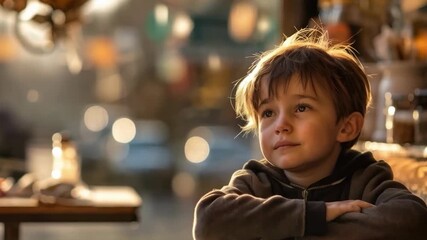 A boy waiting by a café window creates a warm, nostalgic atmosphere, perfect as an emotional backdrop for articles about childhood or family values.

