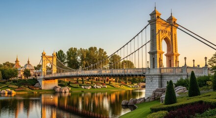 A picturesque suspension bridge gracefully spans a tranquil lake, framed by lush greenery and ornate architectural details.