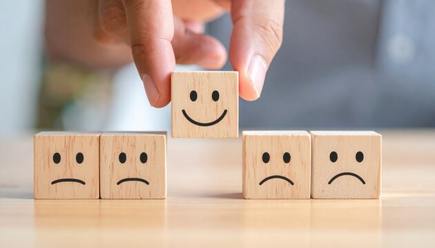 A hand places a smiling block among sad ones, symbolizing positivity and emotion in a creative context.