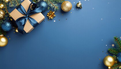 Festive holiday gift presentation home setting decorative content blue background aerial view celebration concept