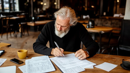 Man is writing on a piece of paper. He is sitting at a table with a cup and a cell phone