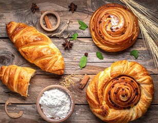 Golden Brown Pastries on Rustic Wooden Table