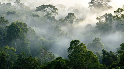 A dense, misty forest at dawn with towering trees and soft sunlight breaking through the fog.