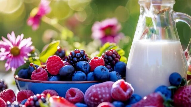 Berries and milk on a table surrounded by flowers convey freshness and naturalness, making them suitable as an atmospheric backdrop for culinary blogs or healthy eating advertisements.
