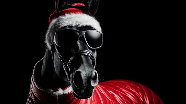 Cool horse equine portrait wearing santa hat sunglasses and red coat stylish festive dramatic holiday portrait with playful mood