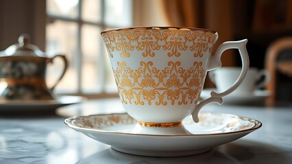regularizing. Elegant white porcelain teacup with gold filigree patterns, soft window light highlighting delicate details. bar promotions.