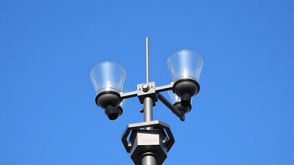 anemometer. Anemometer device with rotating cups against a clear sky. STEM education sheets, lab safety posters, designed for biotech research communications, used by videographers.