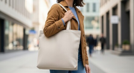 Woman Carrying Blank Tote Bag in City Street, Person, Blank bag, Canvas bag