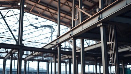 Fototapeta premium girder. An industrial construction site with steel beams, showcasing depth and an urban atmosphere. safety posters.