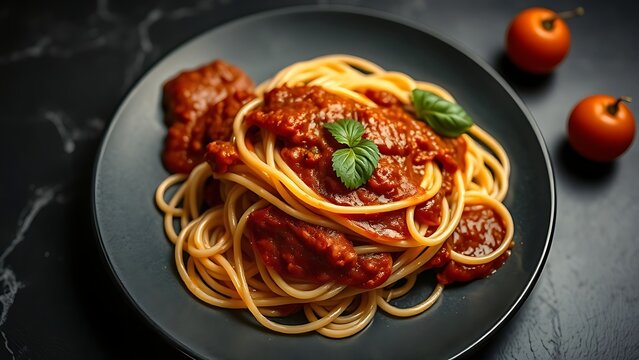 oliveoil. Italian spaghetti with rich red sauce on a dark plate, showcasing culinary elegance. menu design, packaging mockups, designed for culinary blogs and recipe cards for restaurants.