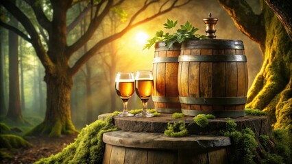 Obraz premium Golden Hour Beverages and Rustic Wooden Barrels in a Mystical Forest Setting